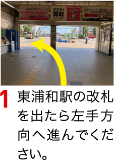 東浦和駅の改札をでたら左手方向（西側）へ進んでください。